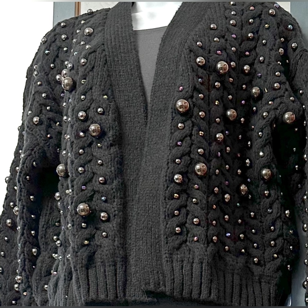 Pearl embellished black cardigan .